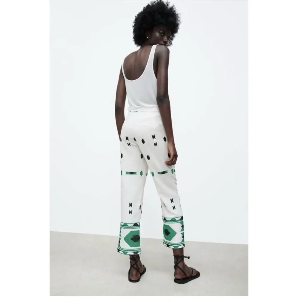 Zara women's geometric embroidered linen blend pants Size XXL fits like women XL
